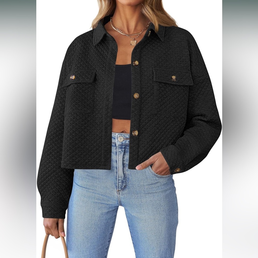 Black Quilted Crop Button Up Long Sleeve Shacket - BRAND NEW